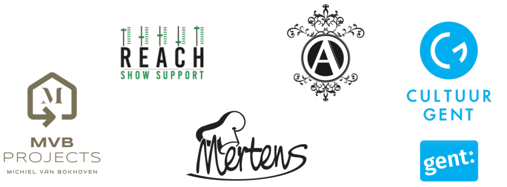 logo's van alle sponsors: Reach Show Support, Bloemen Amfore, Bakkerij Mertens, MVB Projects en Cultuur Gent